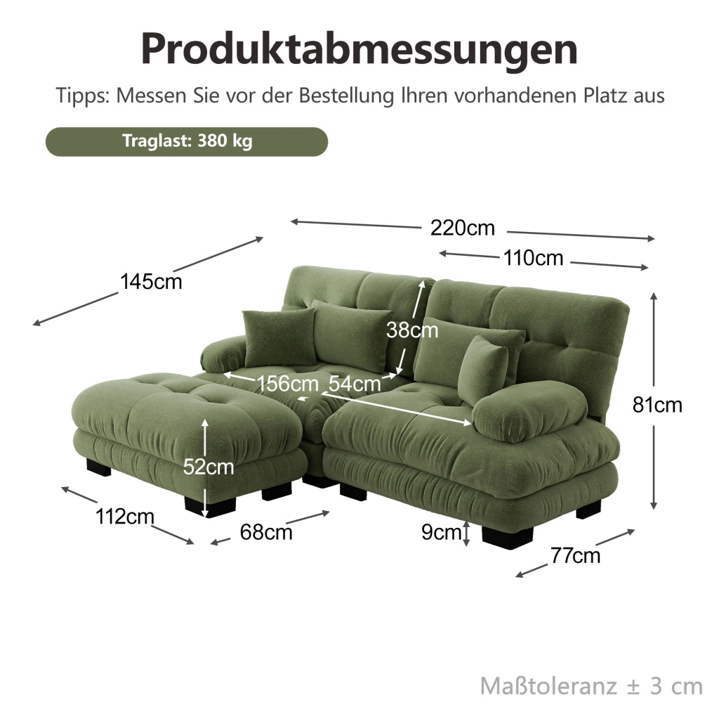 Divano modulare in chenille verde con ottoman mobili; cuscini lombari e braccioli ampi