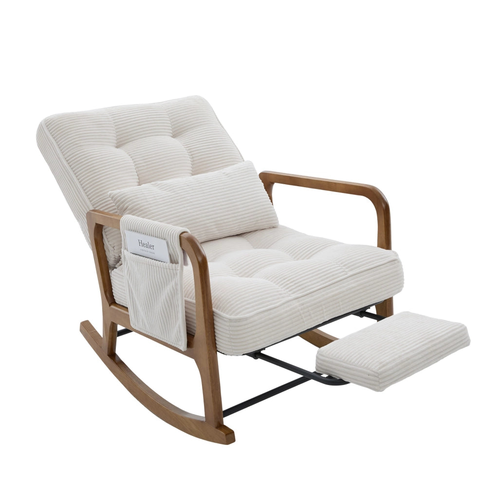 Sedia a dondolo 70x80x92 cm con poggiapiedi e tasca laterale; legno e corduroy beige