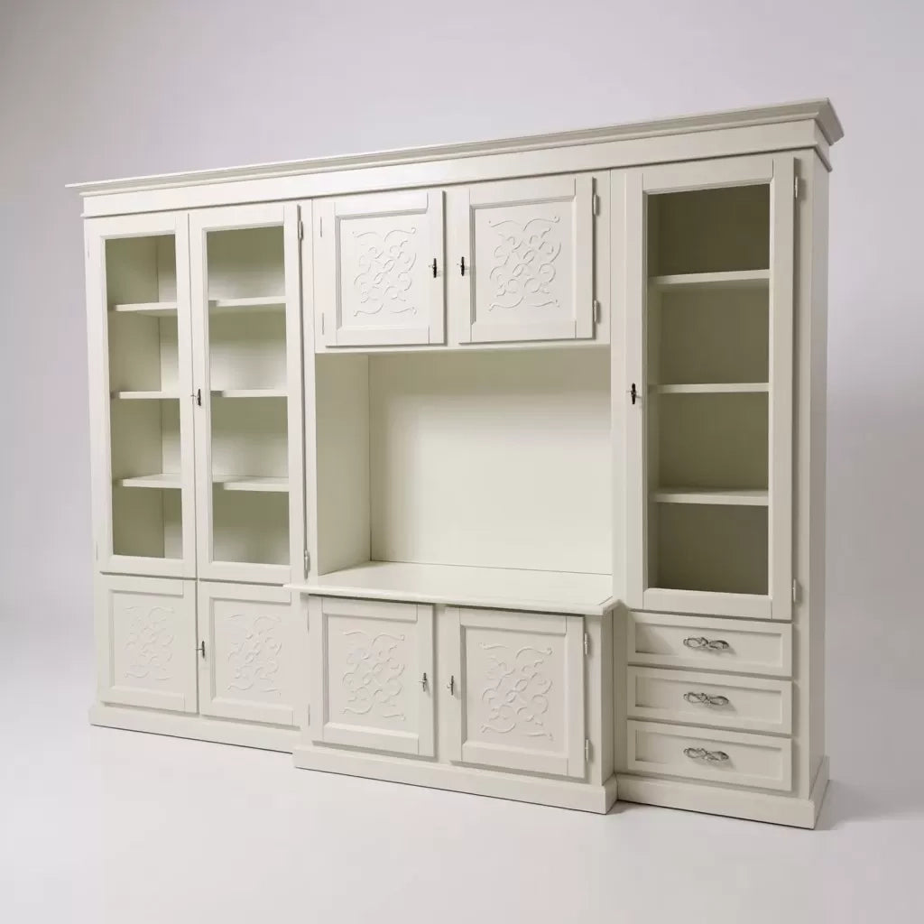 Parete attrezzata porta tv classica in legno decoro shabby bianco 300x53x225 - Mobili 2G