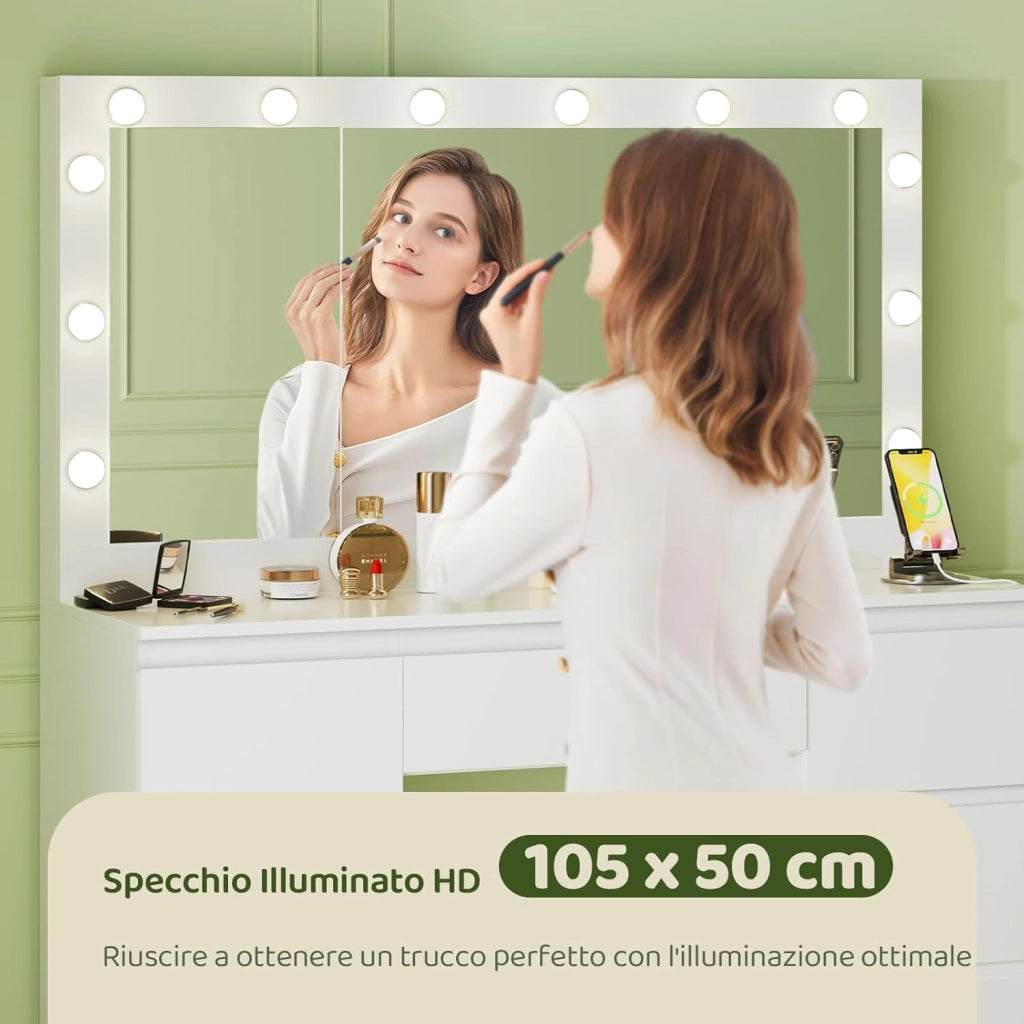 Toeletta da Trucco con Luci e Prese, Luminosità Regolabile,Postazione Trucco,Tavolo da Trucco con Specchio Grande,7 Cassetti,Moderno, Bianco