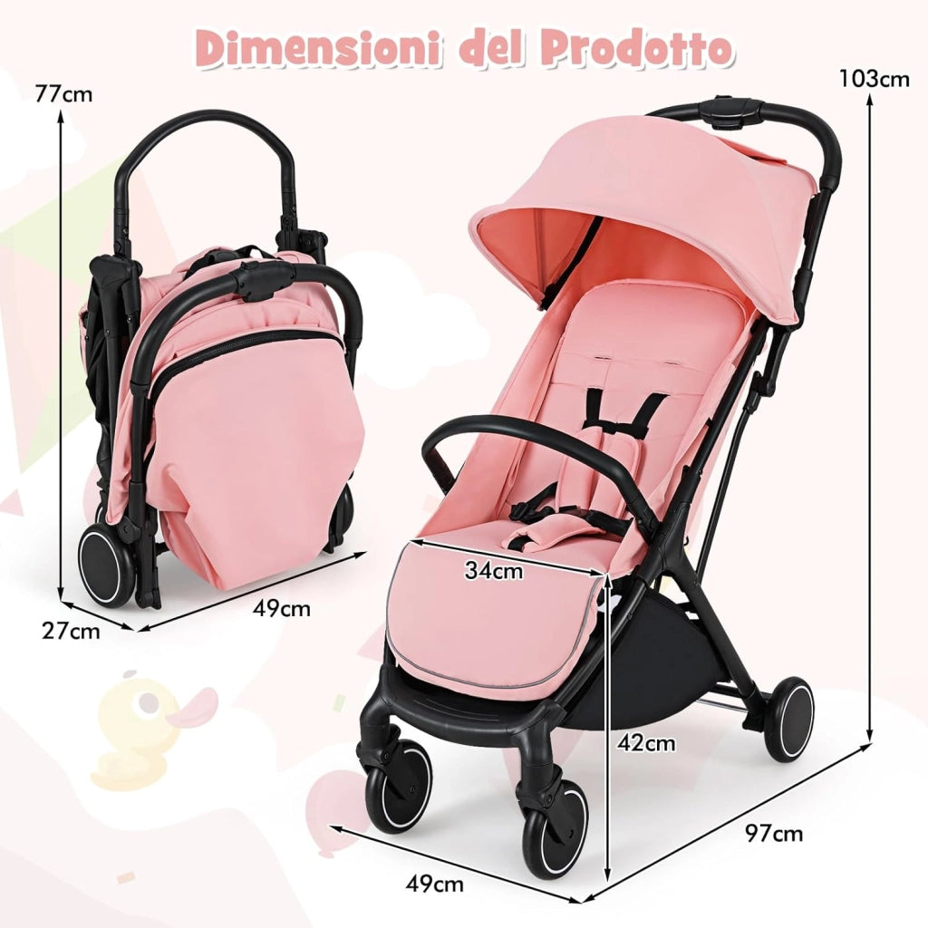 Passeggino Leggero Pieghevole per Bambini, Passeggiono Compatto con Schienale e Cappotta Regolabile, Cinture di Sicurezza a 5 Punti, Ruote con Freno, Fino a 15 kg (Rosa)