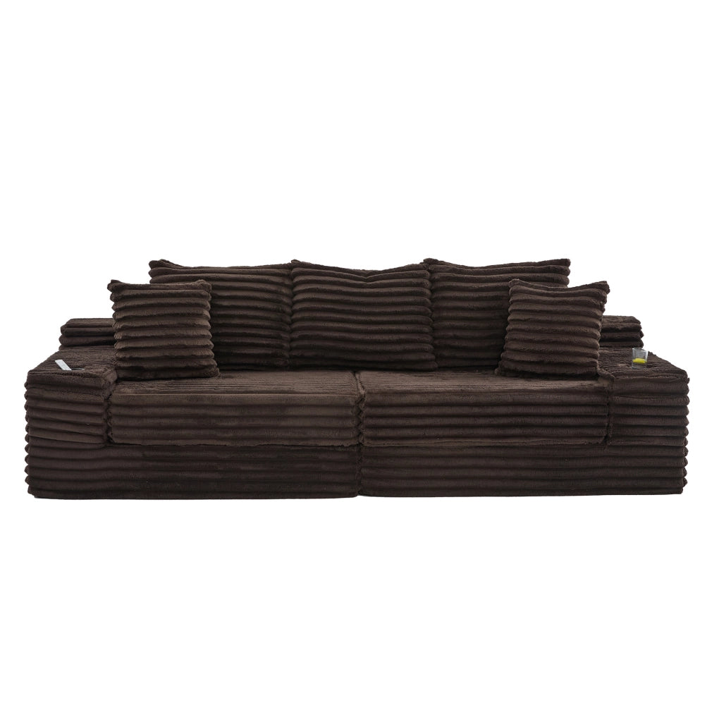 Divano letto 273 x 98 x 87 cm marrone, tasche e portabicchieri, tessuto a coste