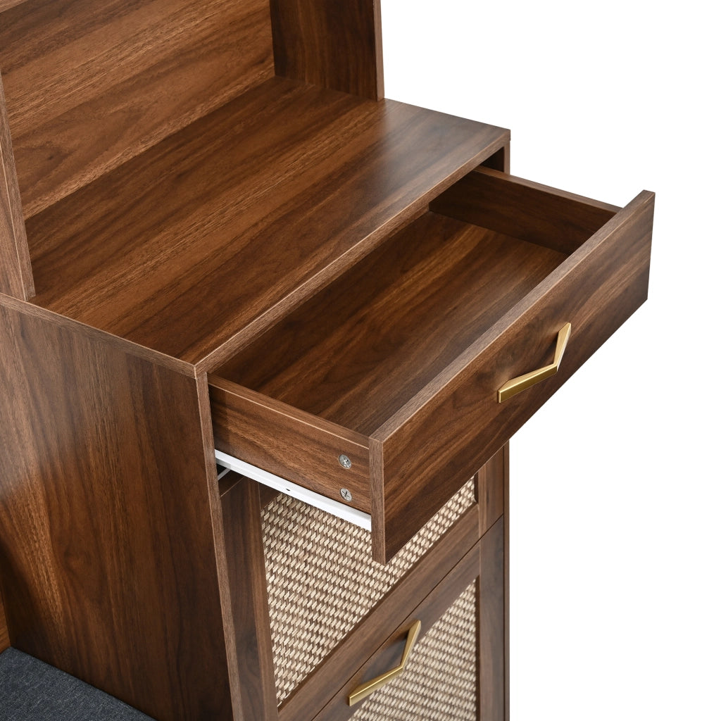 Mobili da ingresso con panca, 3 ante ribaltabili, cassetto, ripiani aperti e ganci, in MDF, noce, 100 × 30 × 170 cm