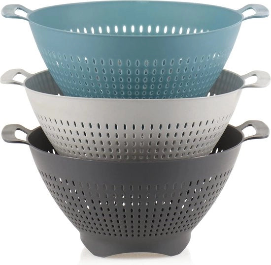 3 x Set di scolaplastica per lavaggio frutta e verdura - Set di scolaplastica per noodels - Fondo rotondo con scarico standard (3 x - Grigio scuro, grigio chiaro, blu)