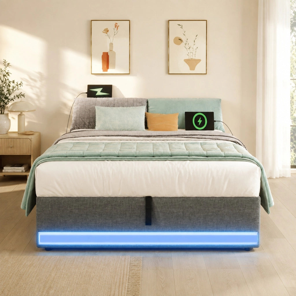 Letto imbottito 90x200 cm con LED, USB/Type-C e contenitore