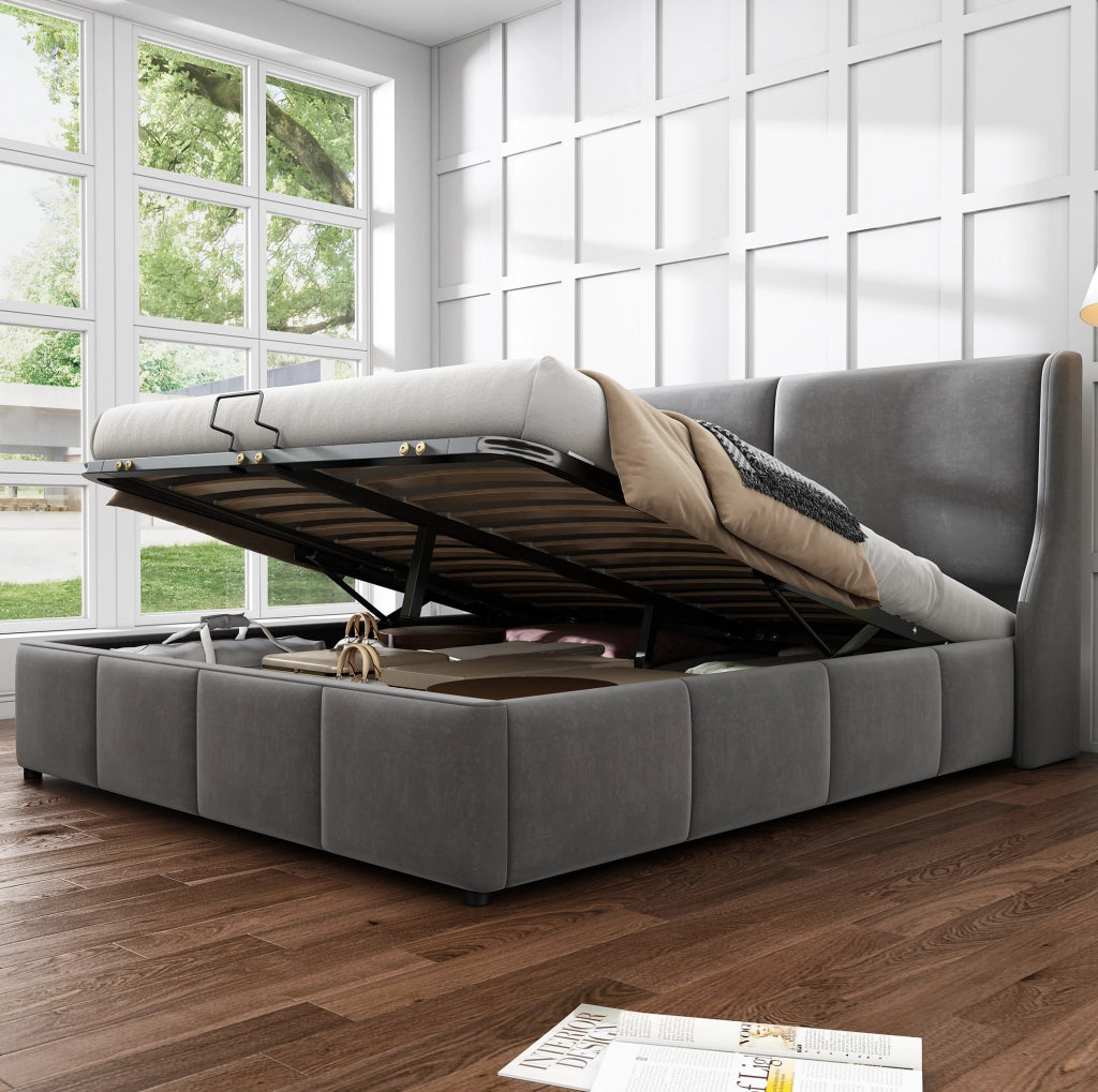Letto imbottito con contenitore idraulico 140 x 190 cm in velluto grigio
