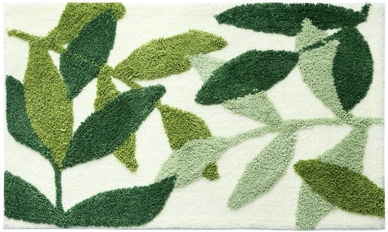 Tappeto per bagno con foglie verdi, 45*65 cm, antiscivolo, morbido, microfibra, assorbente all'acqua, lavabile in lavatrice, tappeto per porta, stile bohemiano, adatto per pavimenti di bagno, vasche e docce.