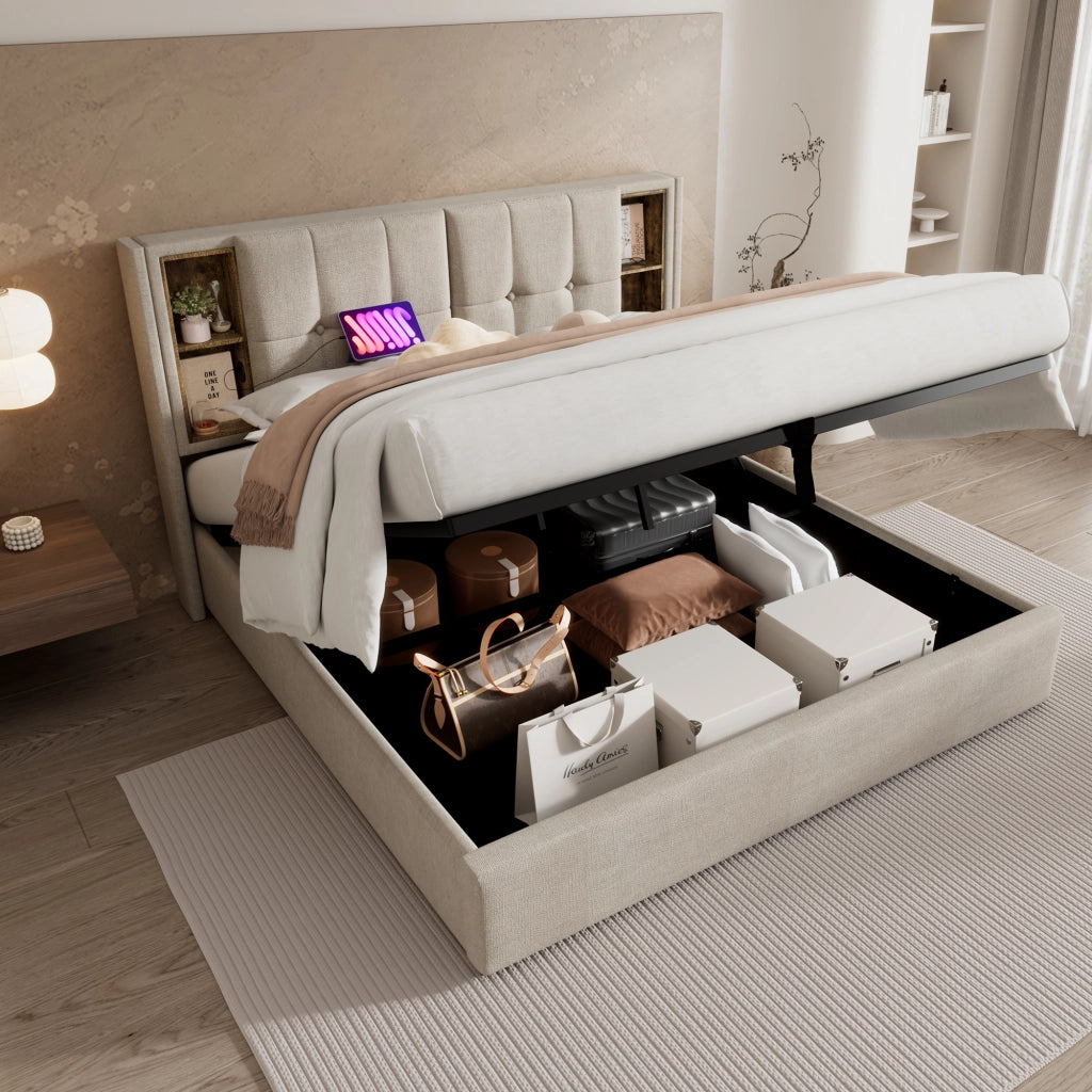 LETTO Contenitore 160x200 cm Lino Naturale con ricarica wireless USB-C