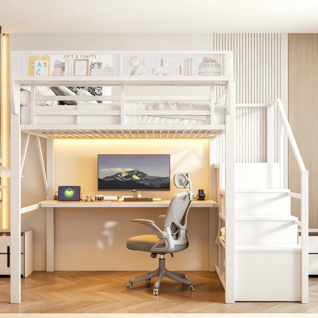 Letto a soppalco 140 × 200 cm con scrivania, scaffale regolabile, LED e scala di sicurezza, senza materasso, bianco