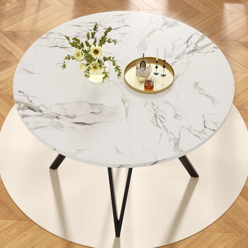 Tavolo da Pranzo Rotondo per 4 Persone ¨C Xylo ¨C Piano MDF Effetto Marmo, Gambe Metallo, Nero, 100x100x76