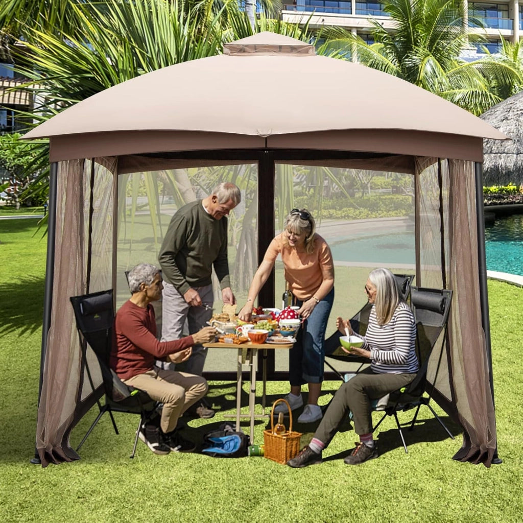 Gazebo per Esterno 3 x 3 m in Tessuto in Poliestere Resistente a Sole e Pioggia, Tendone a Tetto con Rete e Sacchi di Sabbia, Tendone a Tetto per Feste e Campeggio da Giardino, Balcone Cachi