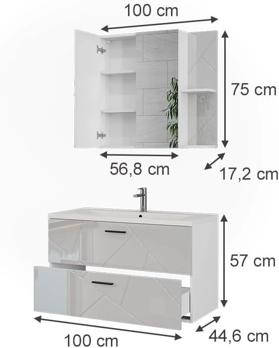 Set di mobili da bagno Irma, Bianco/bianco lucido, 100 cm, composto da mobile sottolavabo con lavabo e specchio per bagno