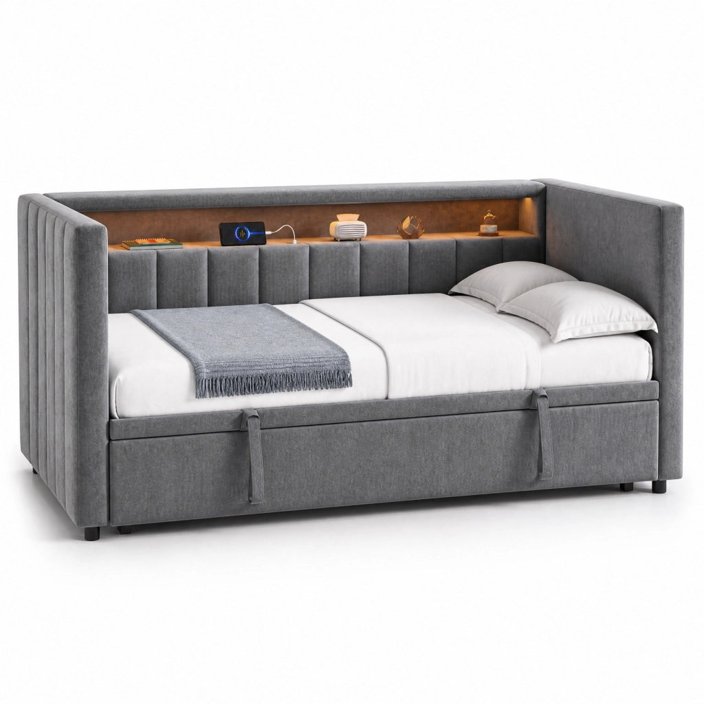Divano letto estraibile in velluto con LED, USB-C e contenitore