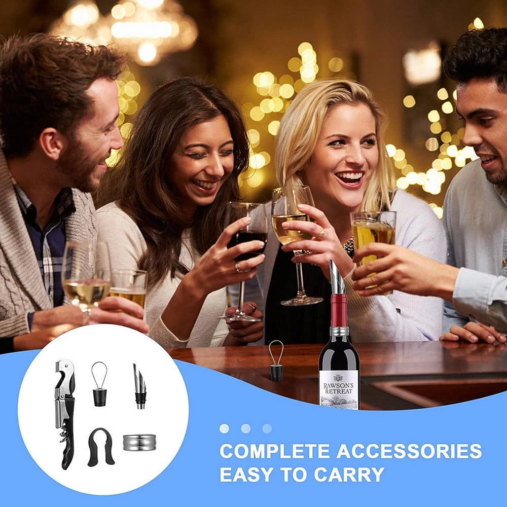 Trade Shop - Set Vino 5in1 Cavatappi Apribottiglie Multifunzione Anello Antigoccia Tappo Versatore -