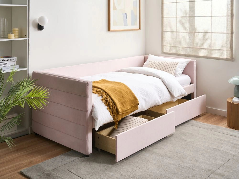 Letto con contenitore con cassetti in velluto rosa pastello 90 x 200 cm stanzetta design elegante