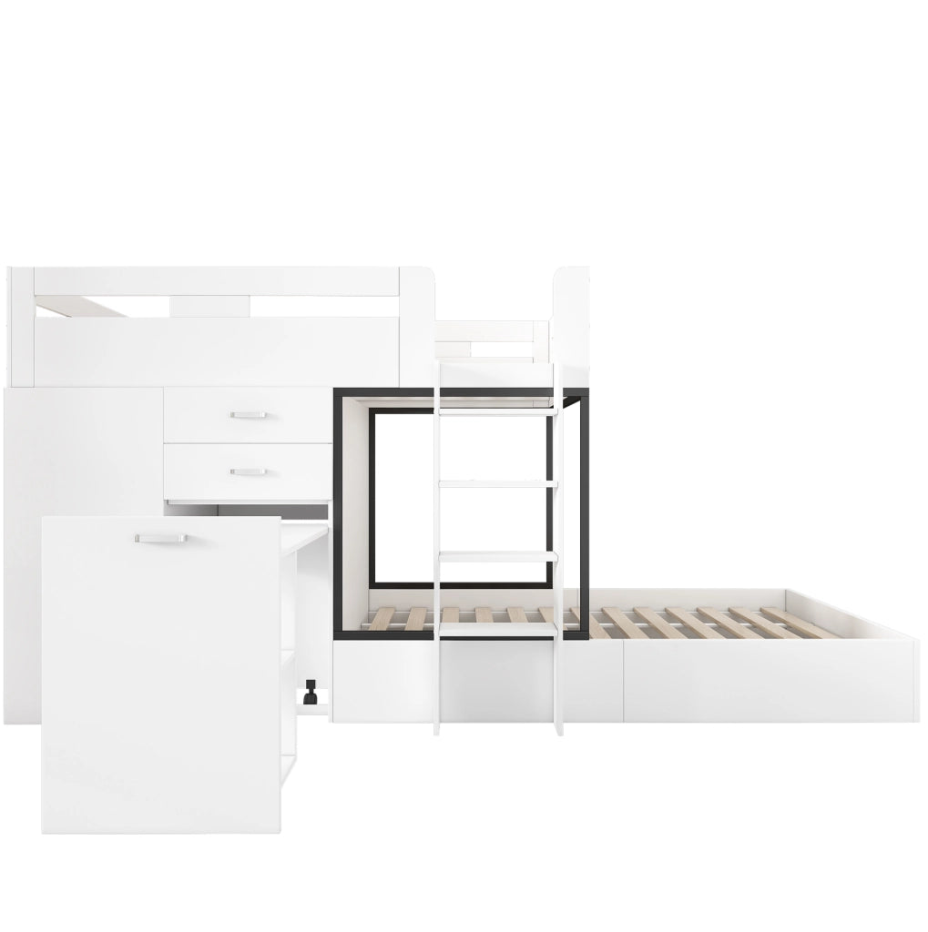 Letto a castello multifunzionale con scrivania estraibile e armadio; 90x200 cm; bianco e nero