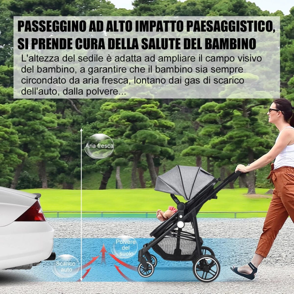 2 in 1 Passeggino per Bambini, Passeggino Pieghevole con Sedile Reversibile, Schienale Regolabile, Passeggino Leggero con Cintura di Sicurezza, Copertura, per Bambini 0-3 Anni (Grigio)