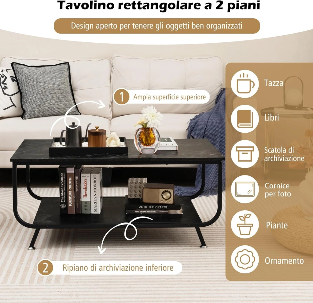 Tavolino da Caffè da Divano, Tavolino Rettangolare con Piano in Marmo Sintetico a 2 Livelli e Struttura in Metallo, Ripiano di Stoccaggio, Tavolino per Salotto, Ufficio e Studio (Nero)