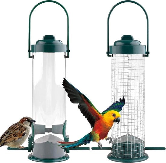 Due pezzi di alimentatore per uccelli in metallo per piccoli uccelli alimentatore per uccelli con due aperture alimentatore per uccelli con gemella per semi standard resistenti al tempo per semi di pistacchio alimentatore per uccelli per esterno