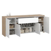 Credenza Basile, Buffet da soggiorno, Madia da salotto, Dispensa da cucina, 197x48 h84 cm, Rovere e Bianco lucido
