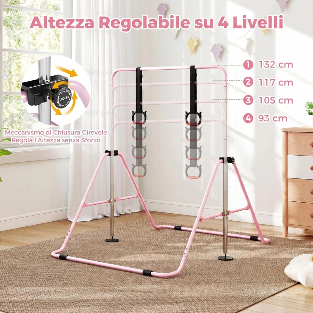COSTWAY Sbarra Ginnastica Pieghevole per Bambini, Barra Ginnastica per Casa Regolabile a 4 Livelli con Anelli e Cuscinetti Antiscivolo, Attrezzatura Ginnastica per Bambini 3-12 Anni