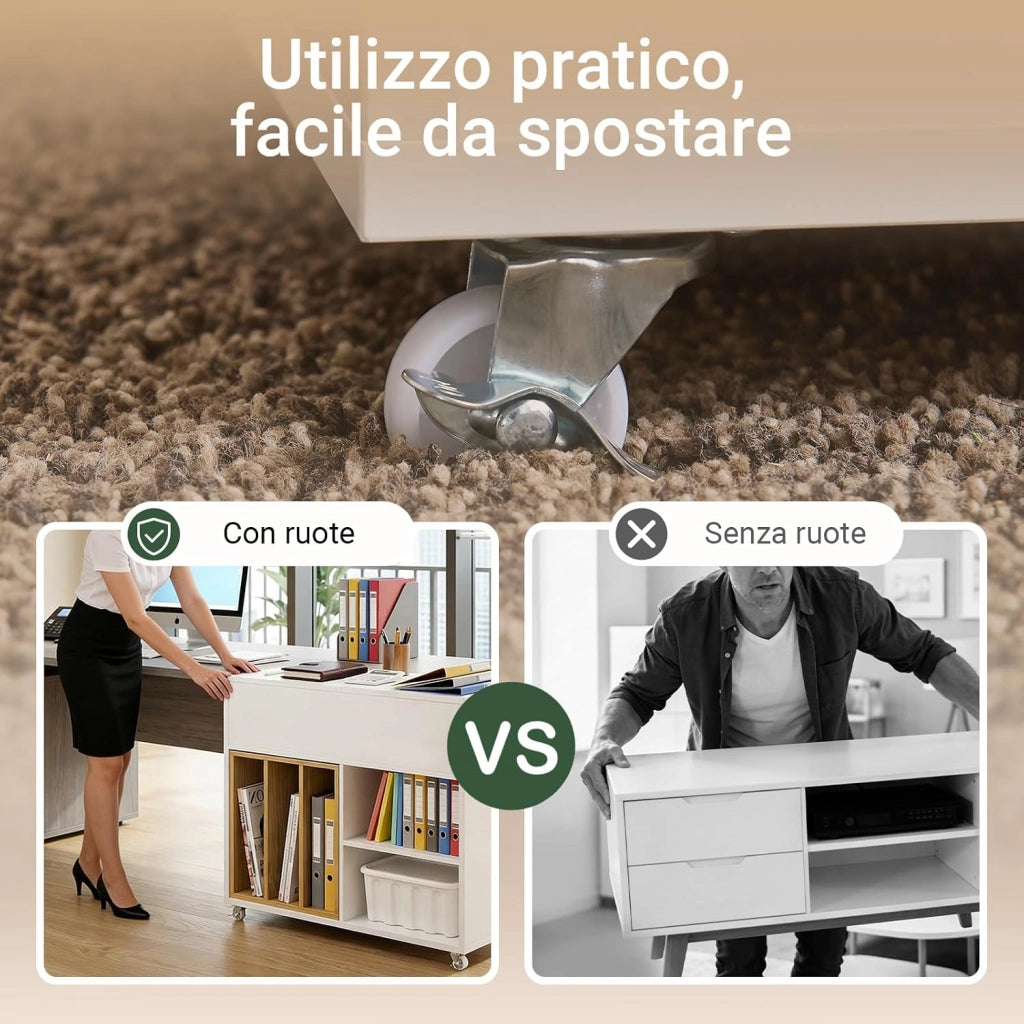 Carrello Ufficio con Ruote – Cassettiera Mobile e Supporto Stampante, Mobile da Ufficio con Piano Ribaltabile, Cassetto e Libreria Rimovibile, Bianco, L30 x P61 x H70 cm, FBT134-W