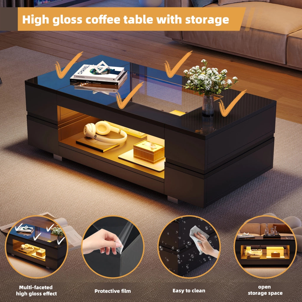 Tavolino da caffè con LED e vano aperto - per soggiorno - in truciolato e vetro temperato - 100×50×35 cm - nero