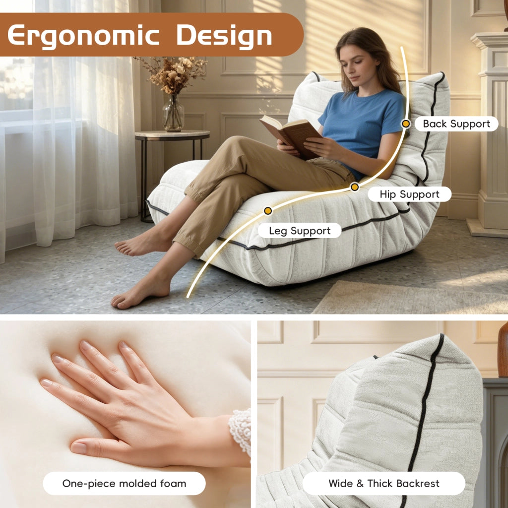 Fauteuil pouf a forma di bruco con design ergonomico e imbottitura resiliente in flanella bianca per salotto e camera