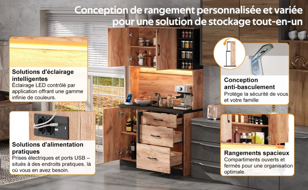 Mobile Cucina Alto con LED ¨C MINIMAL ¨C Nero, Legno, 105x40x180 cm