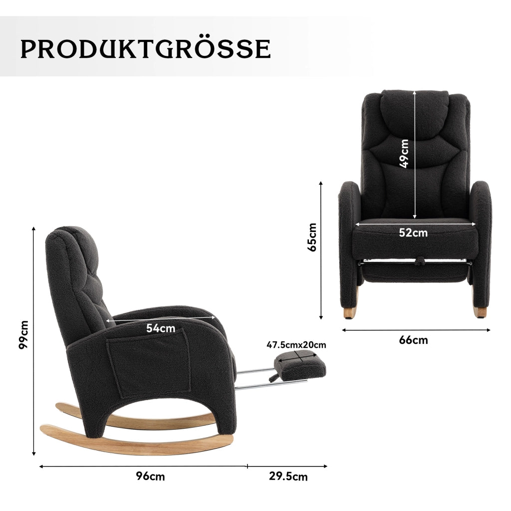 Poltrona a dondolo con poggiapiedi pieghevole e schienale ergonomico in tessuto teddy grigio scuro 110 kg