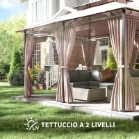 Gazebo da Giardino 4x3m con Doppio Tetto e Tende Laterali in Acciaio e Poliestere, Color Cachi