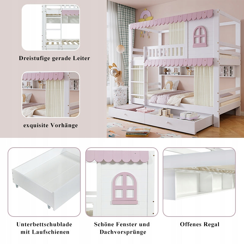 Letto a castello per bambini 90x200 bianco-rosa - Xylo