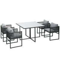 Set Tavolo e 4 Sedie da Giardino con Cuscini in Rattan PE Nero e Grigio