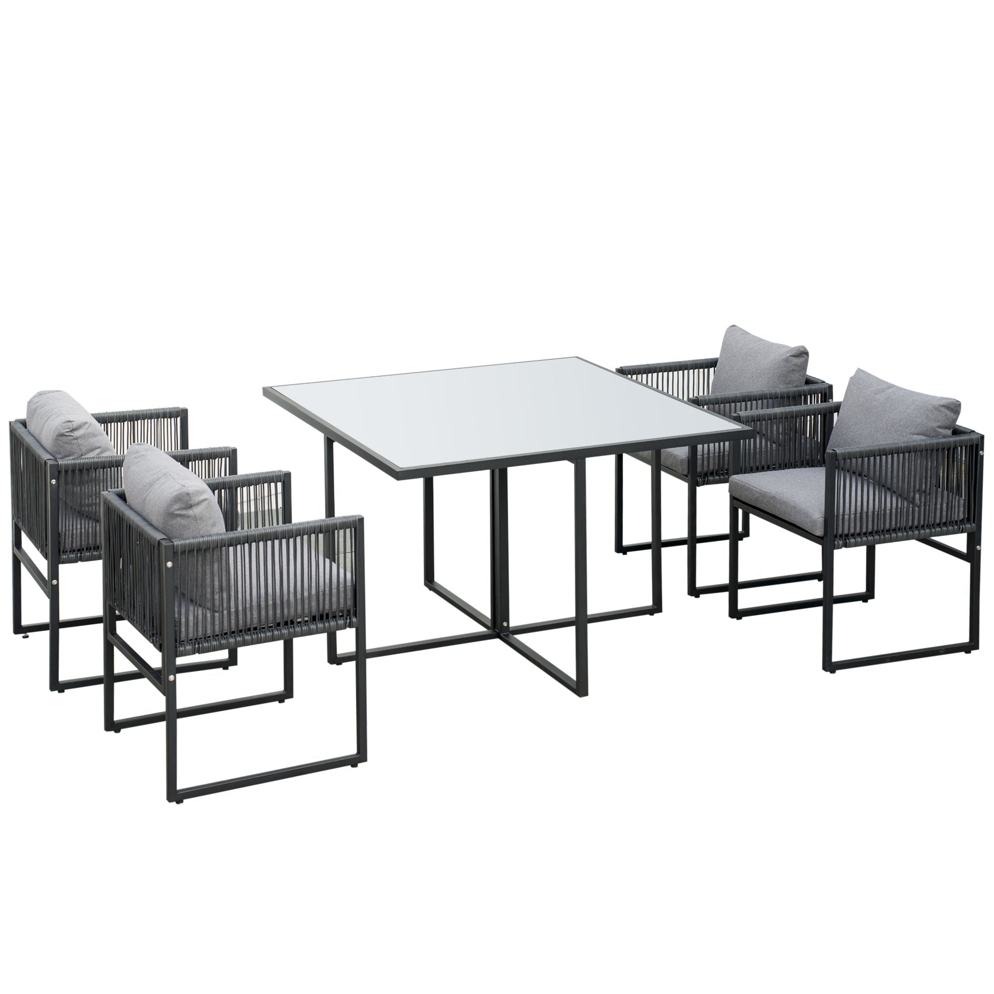 Set Tavolo e 4 Sedie da Giardino con Cuscini in Rattan PE Nero e Grigio