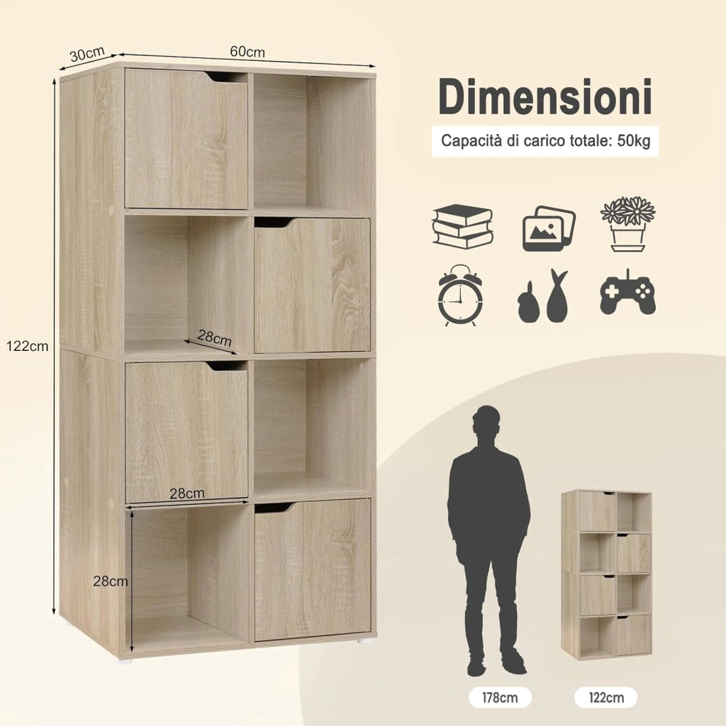 Libreria Autoportante, Porta Libri a 8 Cubi, Libreria con 4 Ante, Scaffale Portaoggetti per Soggiorno, Ufficio, Studio, Camera da Letto, in Legno, Rovere Chiaro, SK039hei