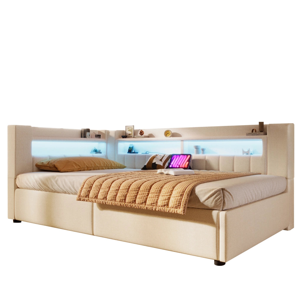 Letto divano contenitore 90x200 cm in lino beige con apertura idraulica; LED; USB e USB-C