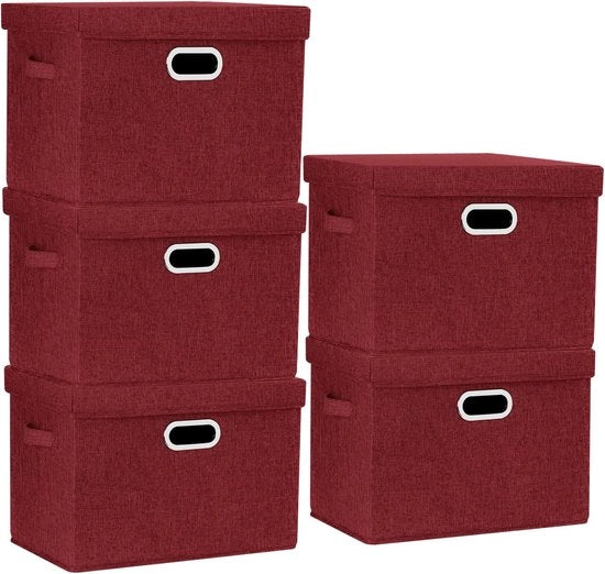 Cassa di Stoccaggio Grande con Coperchio, Ripiegabile, Lavabile, Cassa di Stoccaggio con Coperchio, 44x30x29 cm, Set da 5, Rosso Vino