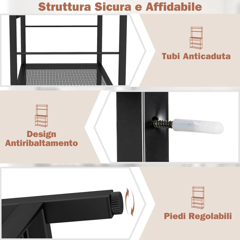 Scaffale da Cucina a 6 Ripiani con Portabottiglie, Scaffale Porta Microonde con Portabottiglie Inclinato e 2 Ripiani in Rete, per Cucina Sala da Pranzo, 90x35x165 cm,Carico 125 kg