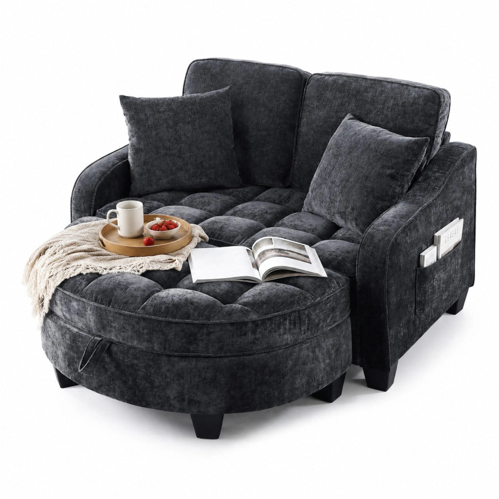 Divano letto 2 in 1 con pouf contenitore; 132x129x93 cm; in eucalipto; nero