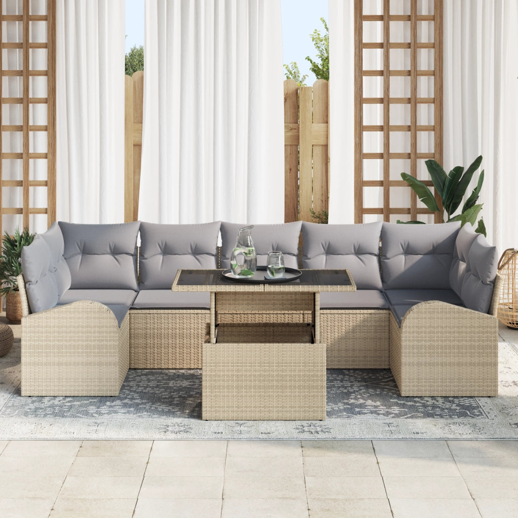 Set Divano da Giardino da 8 Pezzi con Cuscini Beige Rattan Sintetico