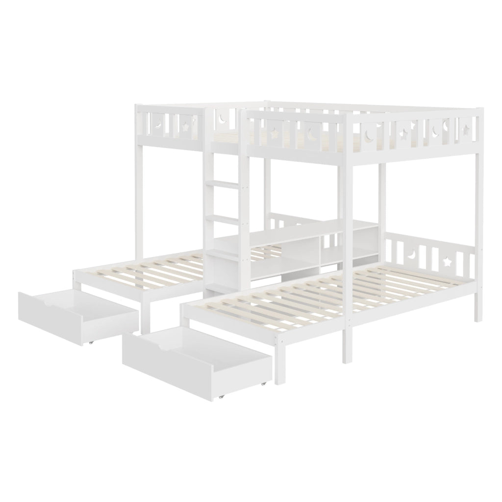 Letto mezzanino bianco 140×200/90×200 cm scala deposito cassetti corrimano a stella/luna letto triplo in legno