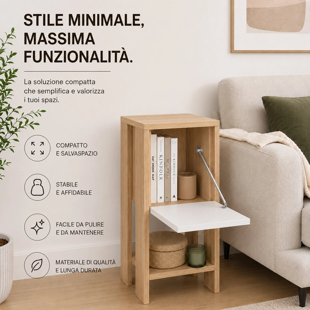 Comodino Mobiletto 2 Ripiani Anta Ribalta Tavolino Moderno Quercia e Bianco