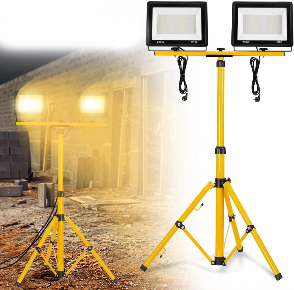 Faretto da costruzione, 2 x 200 W, 16000 lm, LED da lavoro, con treppiede e cavo da 3 m, impermeabile, IP66, per garage, officina, cantiere, bianco freddo