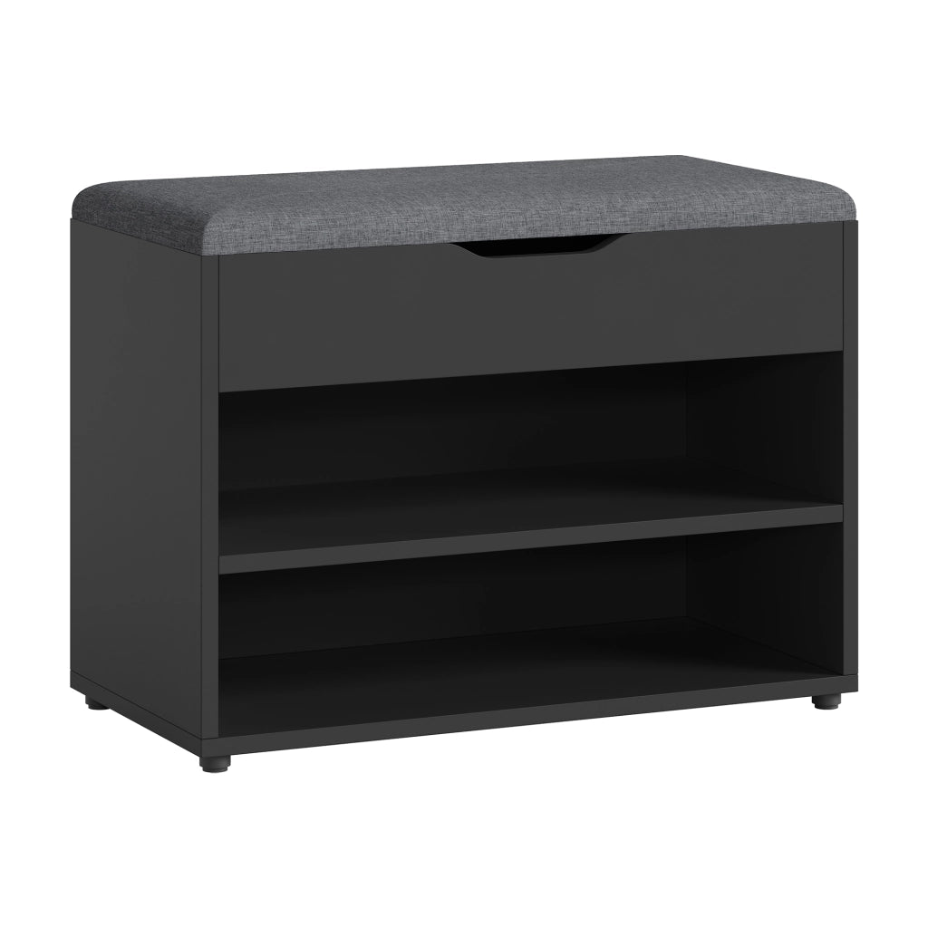 Panchina Portascarpe con Seduta Apribile (AxLaxP) 46 x 60 x 30 cm Panca da Ingresso/Corridoio Mobiletto con Seduta Imbottita, Contenitore e 2 Ripiani - Nero/Grigio