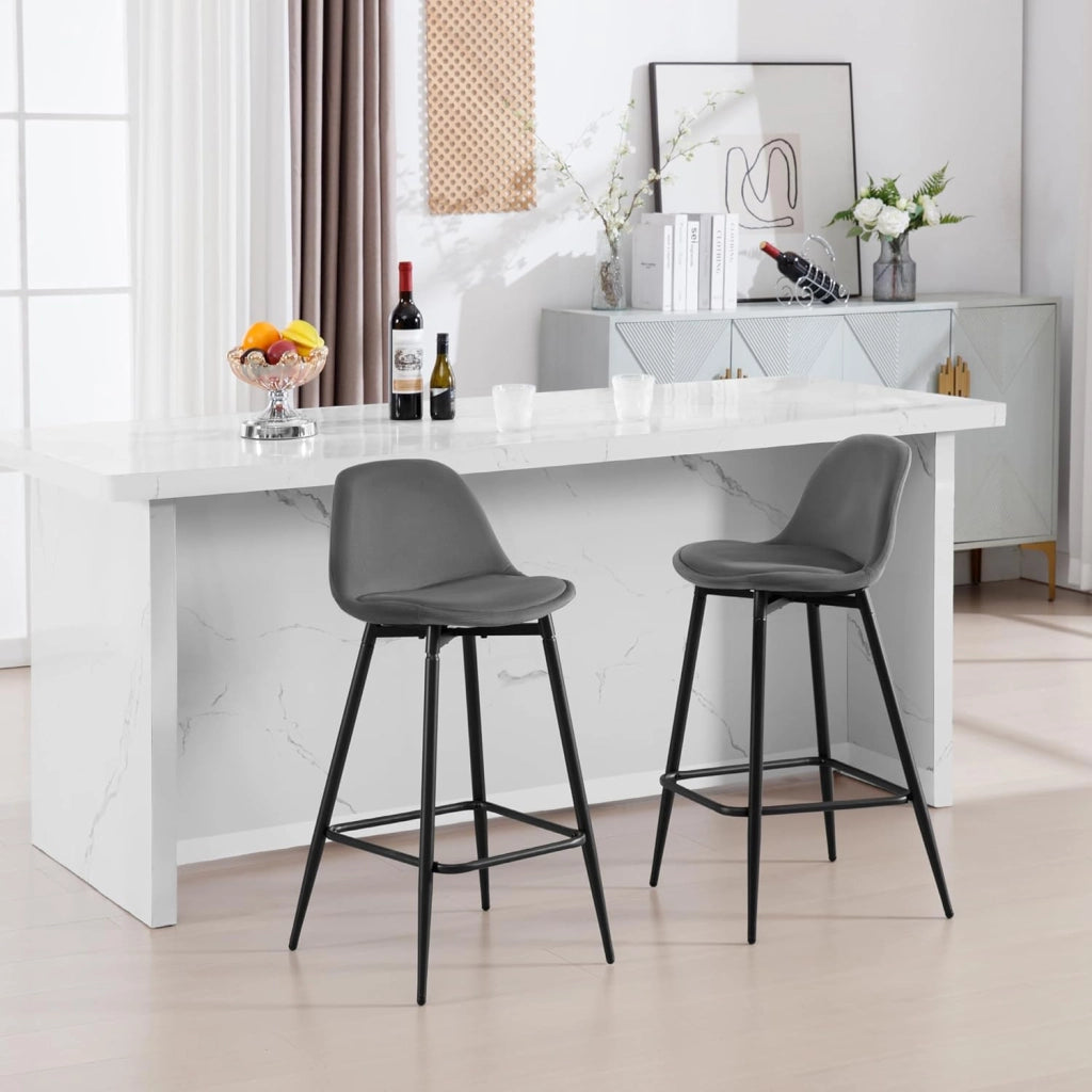 Sgabelli da Cucina, Sgabelli da Bar Set di 2, Sgabelli da Bar per Colazione con Schienale, con Sedile in Velluto Imbottito e Struttura in Metallo con Poggiapiedi, Grigio scuro,K0005BH-2
