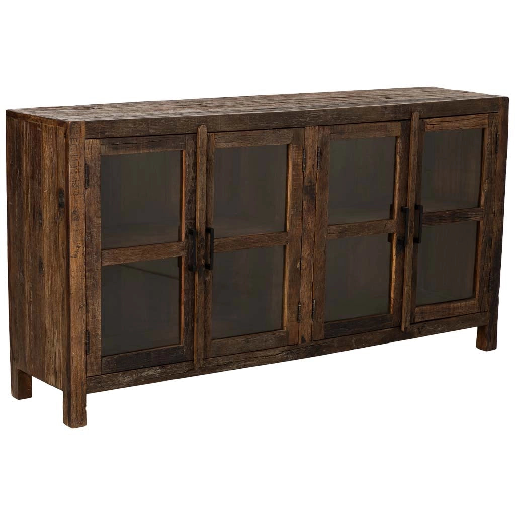 Credenza artigianale in legno con 4 ante marrone, 170x40x90h cm