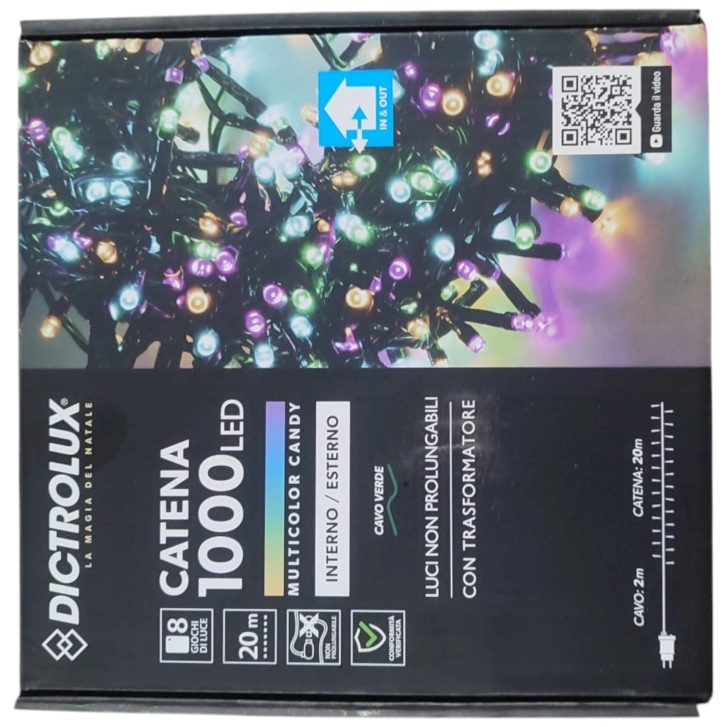 LUCI LED MULTICOLORE CANDY COLORI FREDDI 1000 LED 20 MT