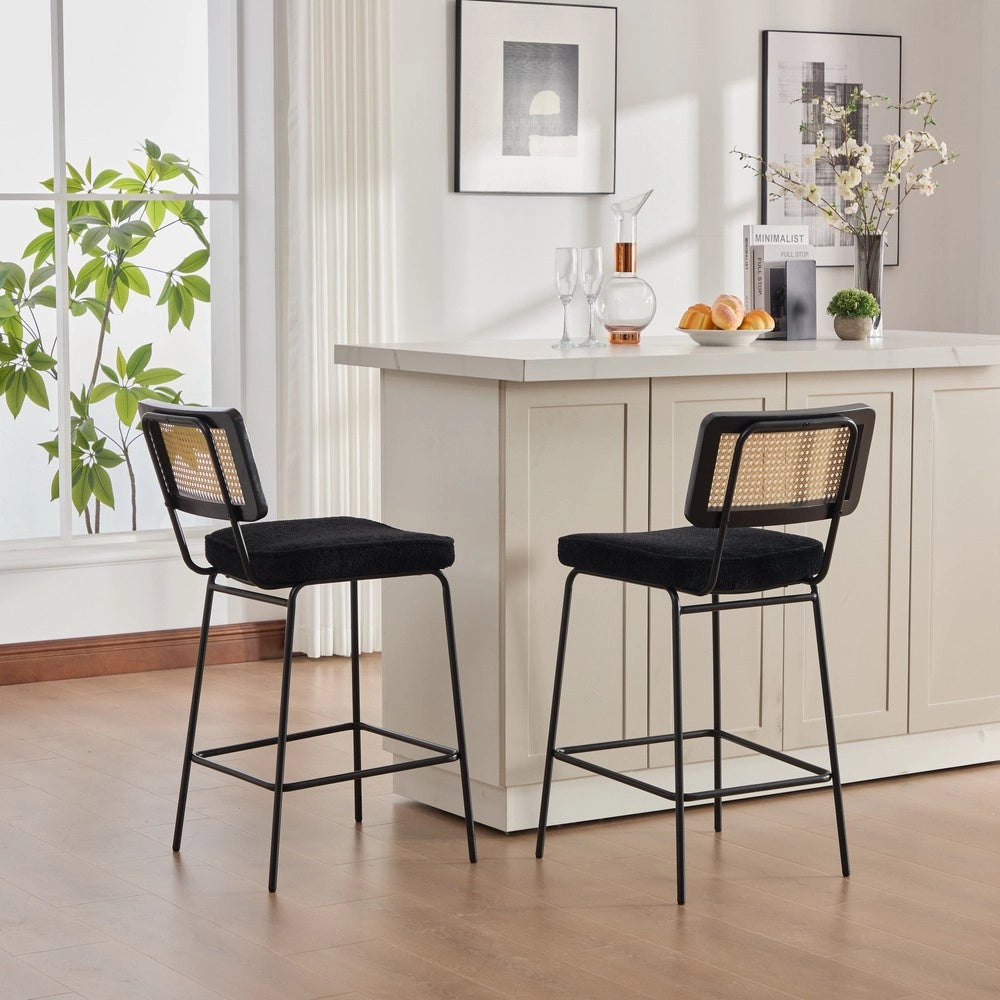 Sgabello Alto da Bar ¨C MINIMAL ¨C Chenille, Rattan, Gambe in Metallo, Nero, Set 2 Pezzi
