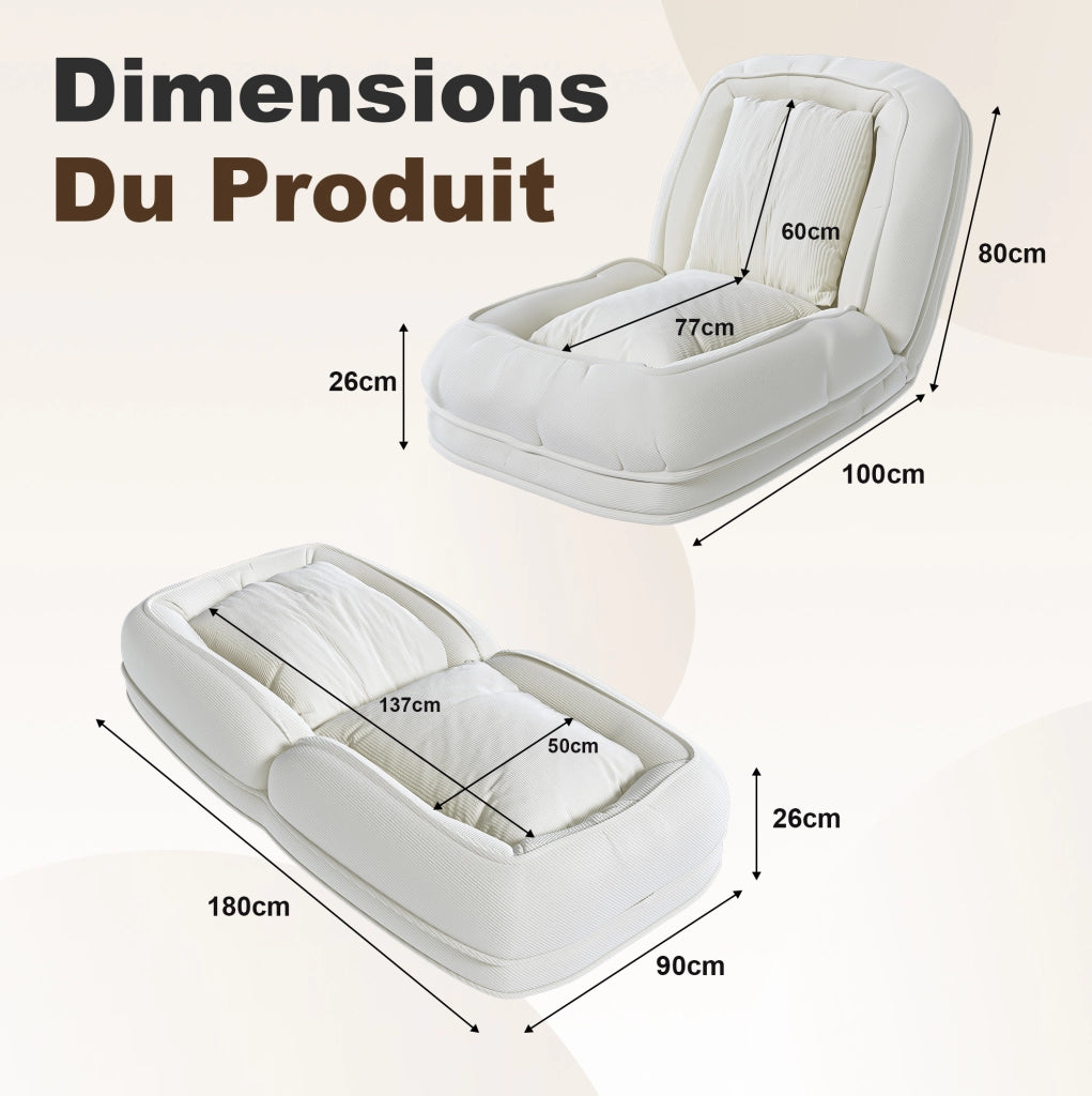 Divano letto pieghevole regolabile a 5 posizioni 80x22x87 cm in tessuto bianco sporco