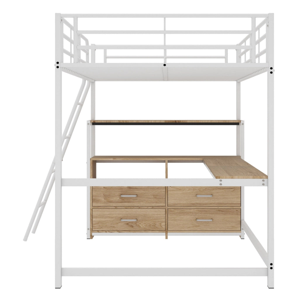 OKWISH Letto a soppalco 140×200 cm, Letto Matrimoniale con Scrivania a L, 4 Cassetti, Mensole e Contenitore, senza Materasso, MDF e Metallo, Bianco